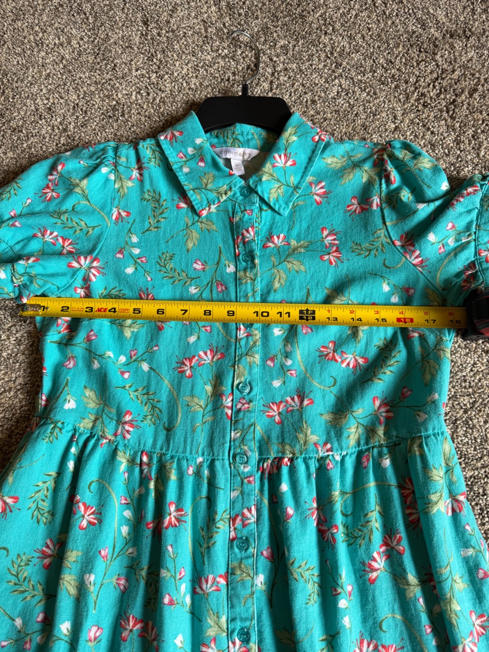 Turquoise Floral Collared Tiered Button Front Midi ShirtDress Pockets Linen Sz S - Picture 8 of 10